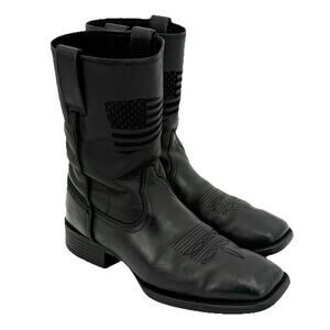 Ariat Patriot Western Black Leather Boots Size 10.5 D Weathered Embroidered Flag